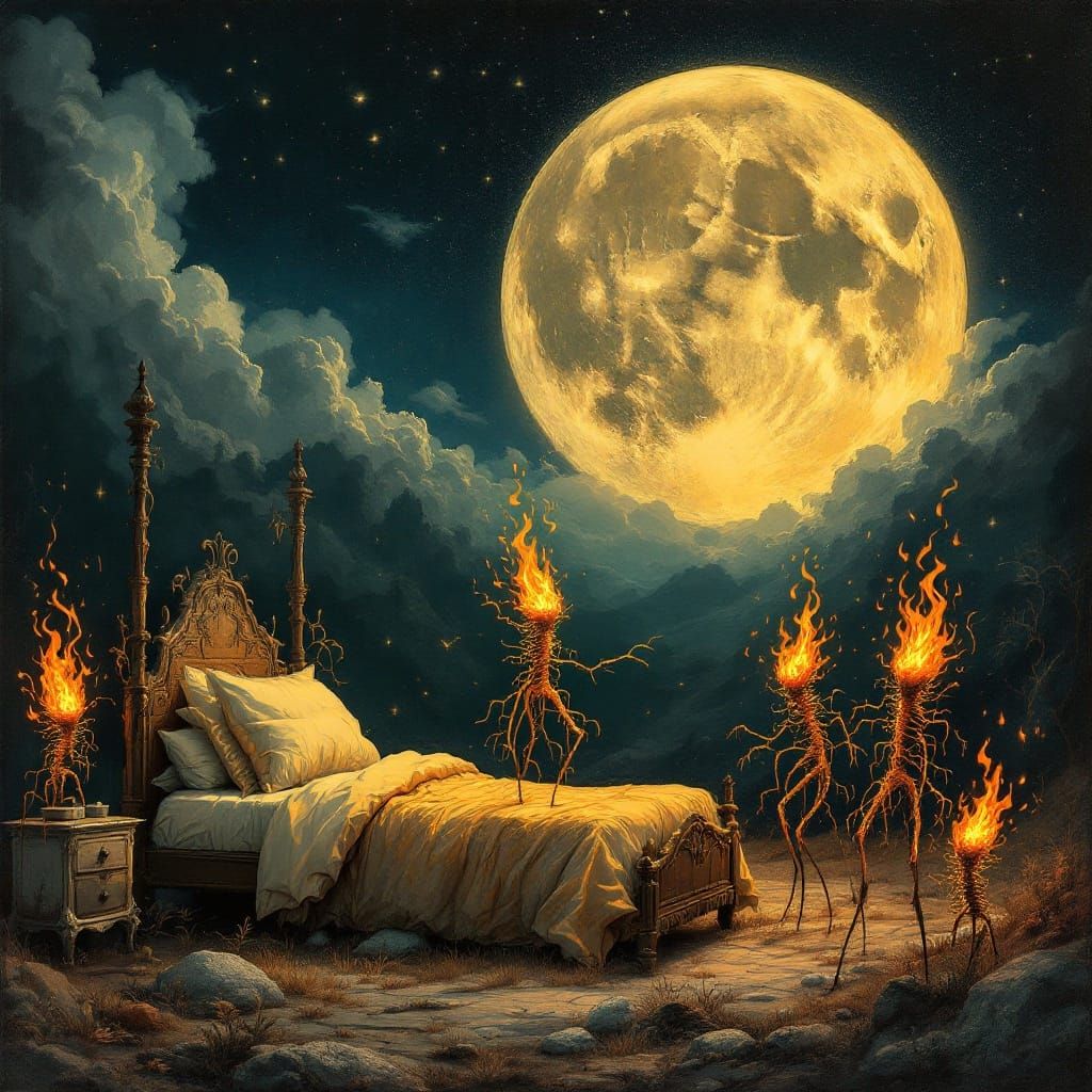 Ethereal Flames Dance Under a Luminous Moon