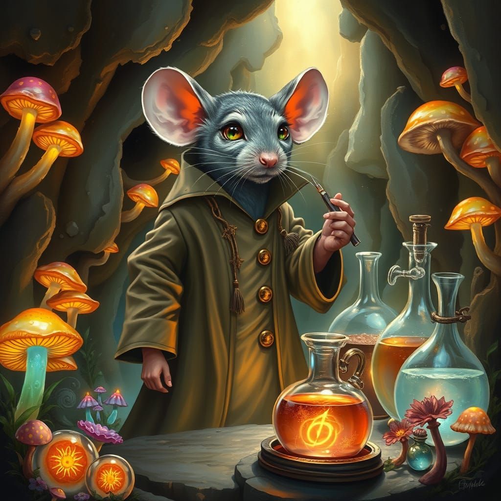 Mystical Mouse Alchemist in Bioluminescent Cavern