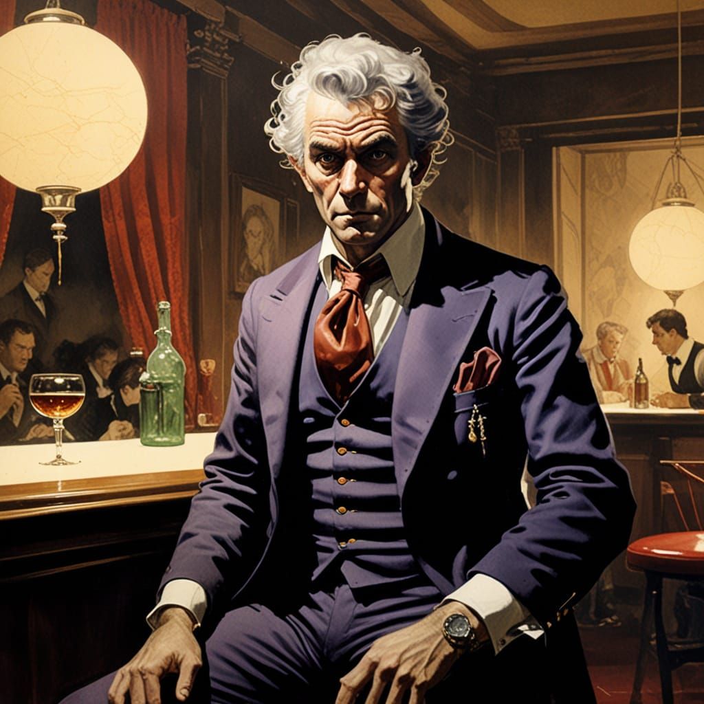 Surreal Portrait of Professor Plum in a Smoky Bar Lounge