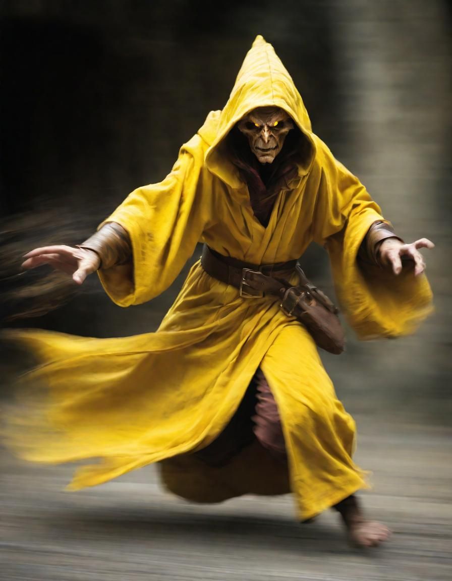 Hobgoblin mage, dressed in yellow robe, motion blur