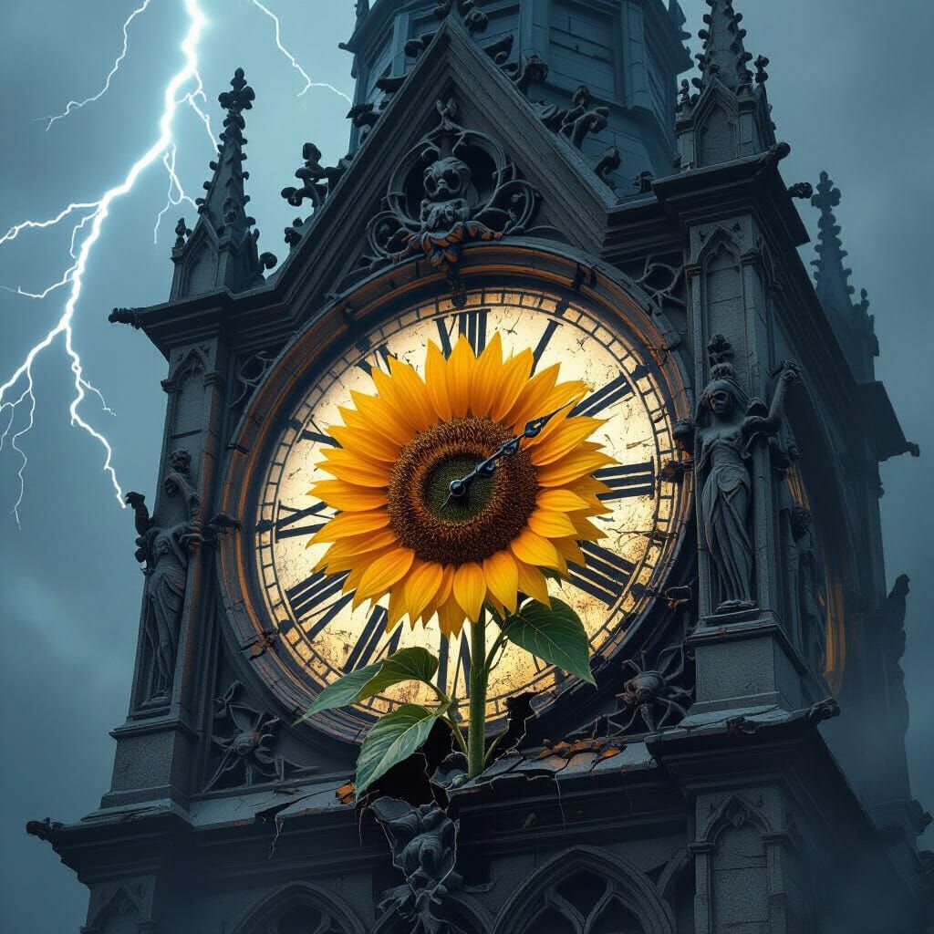 A single, vibrant sunflower sprouts defiantly from a crack in the decaying clock face of a colossal, gothic clock tower.