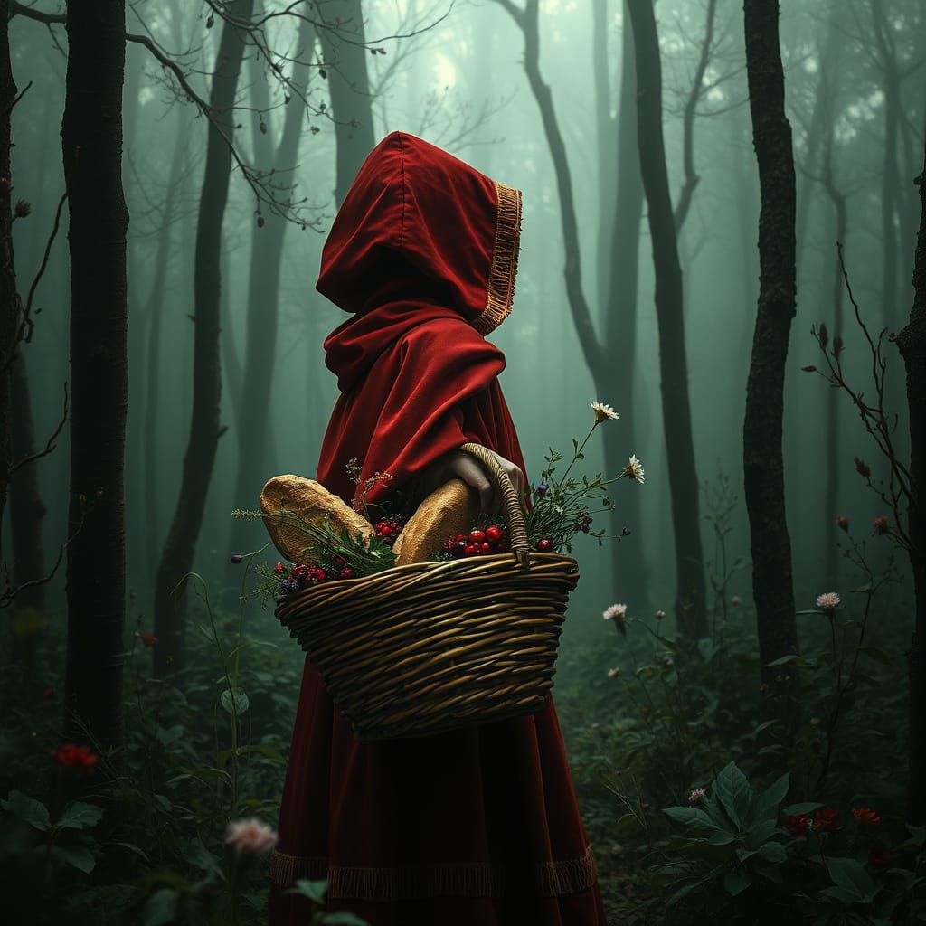 Little Red Riding Hood in Enchanted Forest with Wicker Baske...