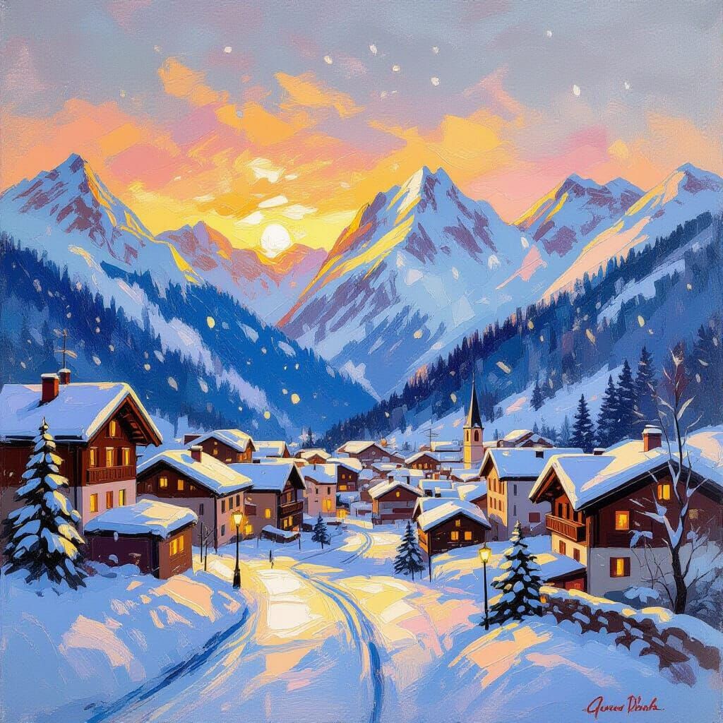 Chamonix Town at Snowy Sunset Painted in Impasto Style