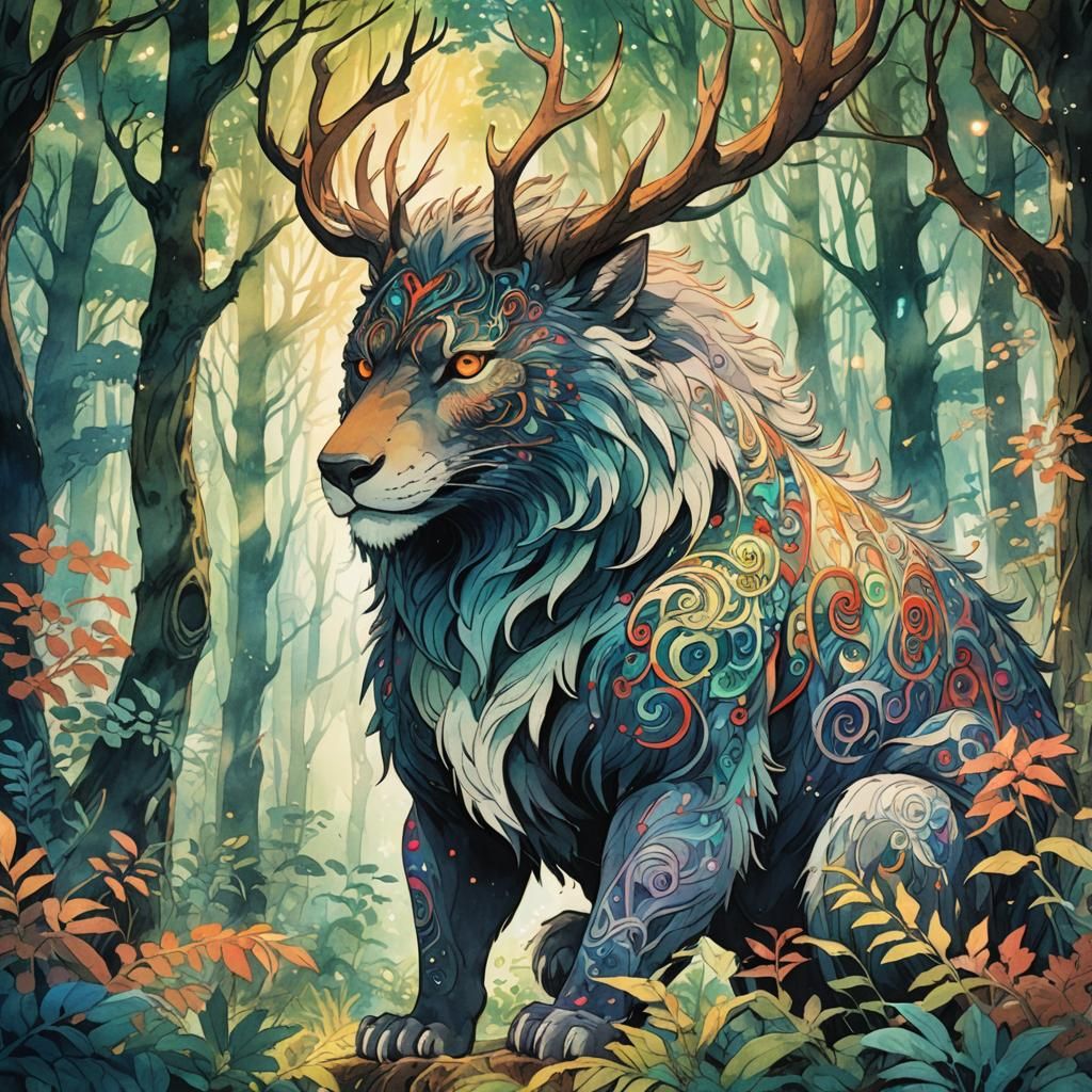 Mystical Beast in Forest: Anime-Style Illustration