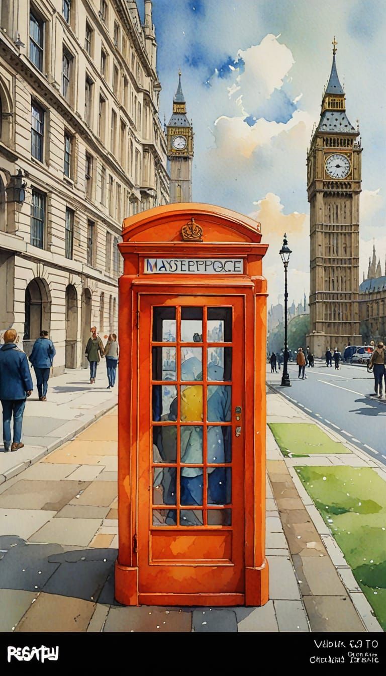 London Call Box in Watercolor Gouache Style
