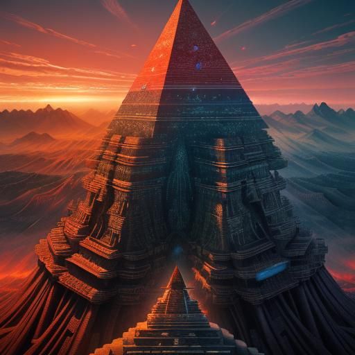 Fractal Afrofuturist Gaia on Pyramid at Sunrise