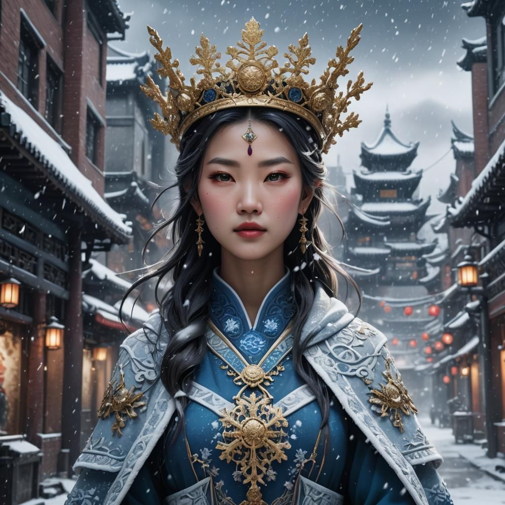 Chinese Winter Goddess in Snowy Cityscape