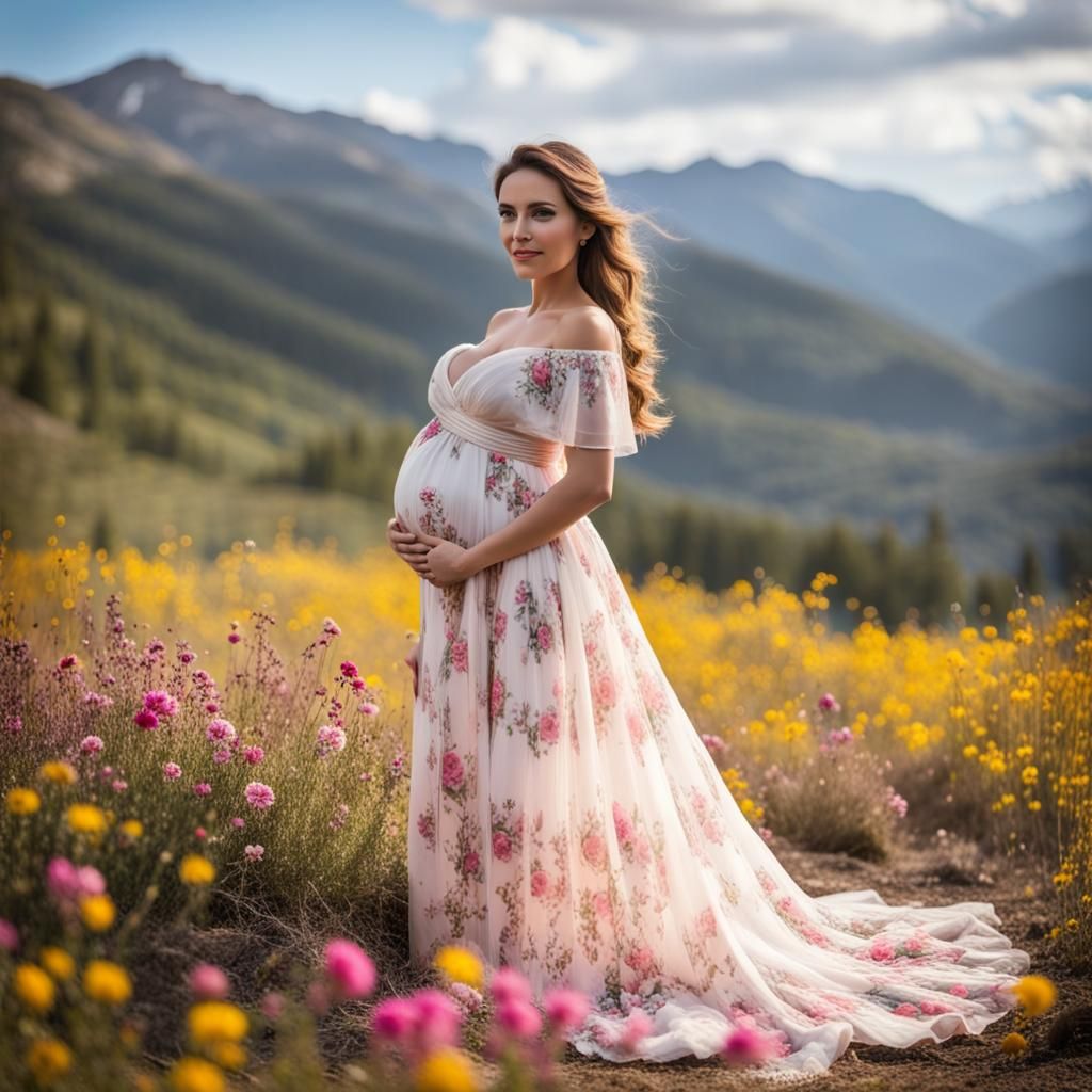 Pregnant Woman in Floral Mountain Landscape