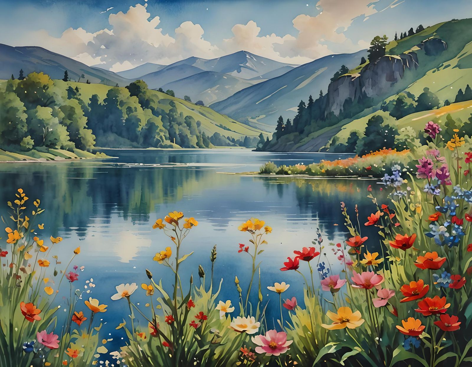 Impressionistic Watercolor Landscape with Blue Lake