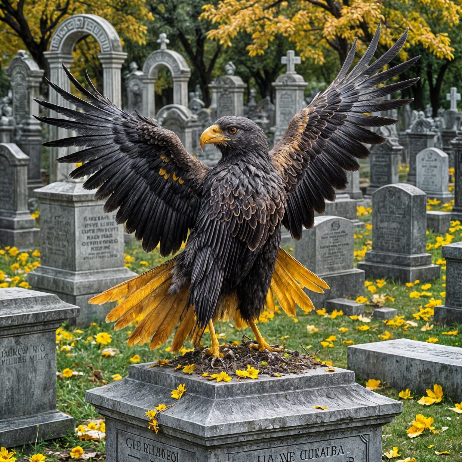 Raven with Yellow Eyes in Stormy Cemetery