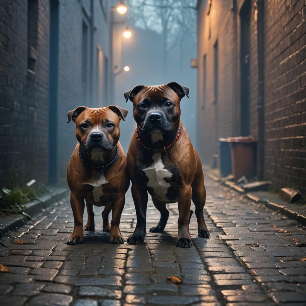 English Staffies in Misty Alleyway: Cinematic Film Still