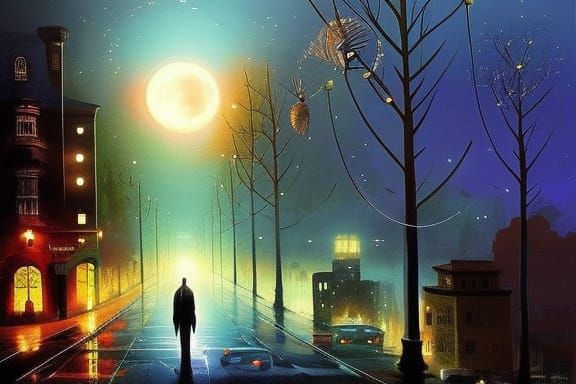 Night Cityscape Mixed Media Painting in 8K