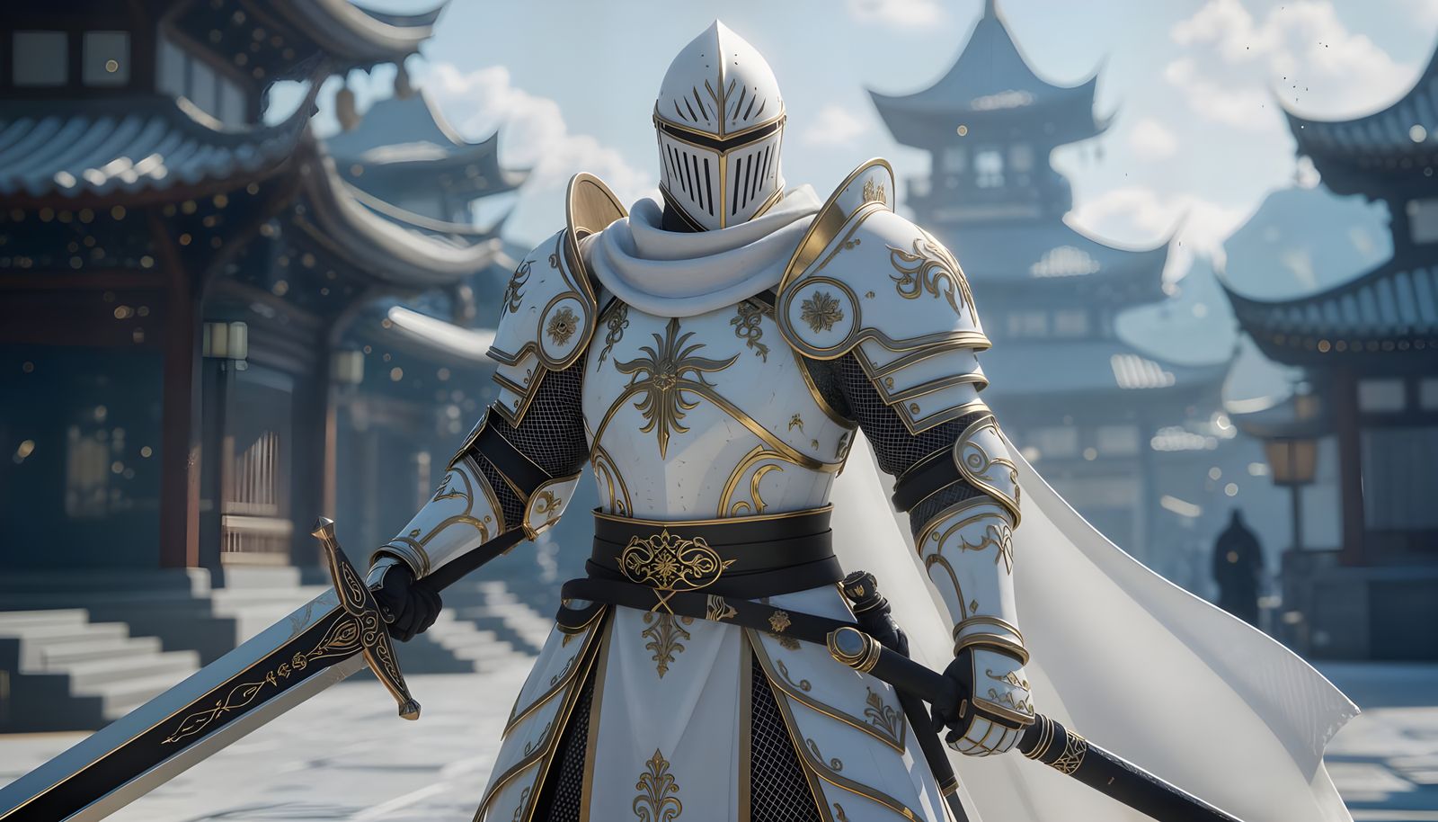 Knight in Gold Armor with Black Sword: Hyperrealistic Render
