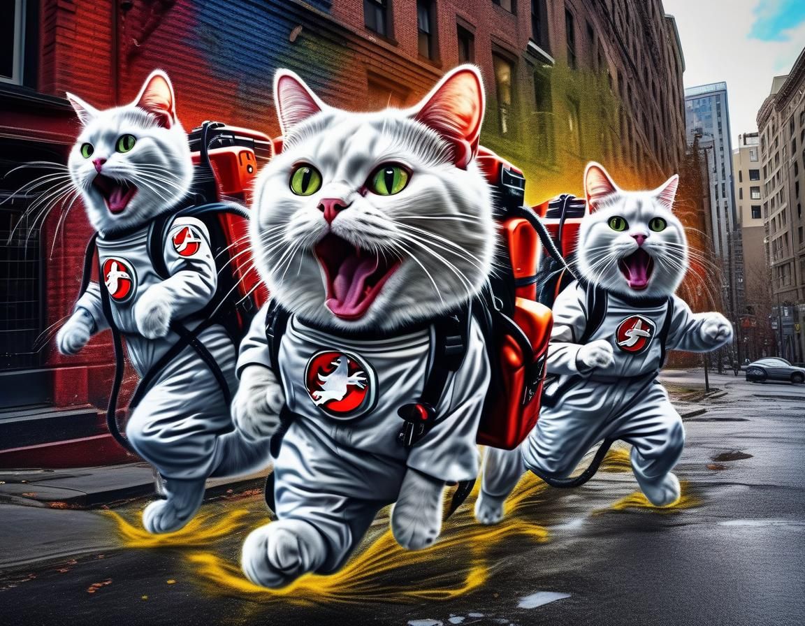 Ghostbuster Cats Catching a Ghost in Graffiti Art