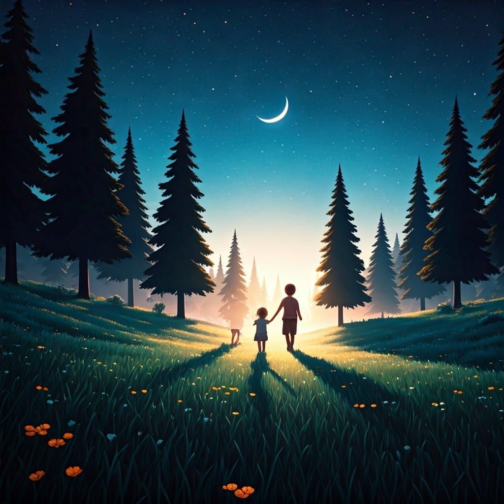 Children Playing in Meadow Under Starry Sky