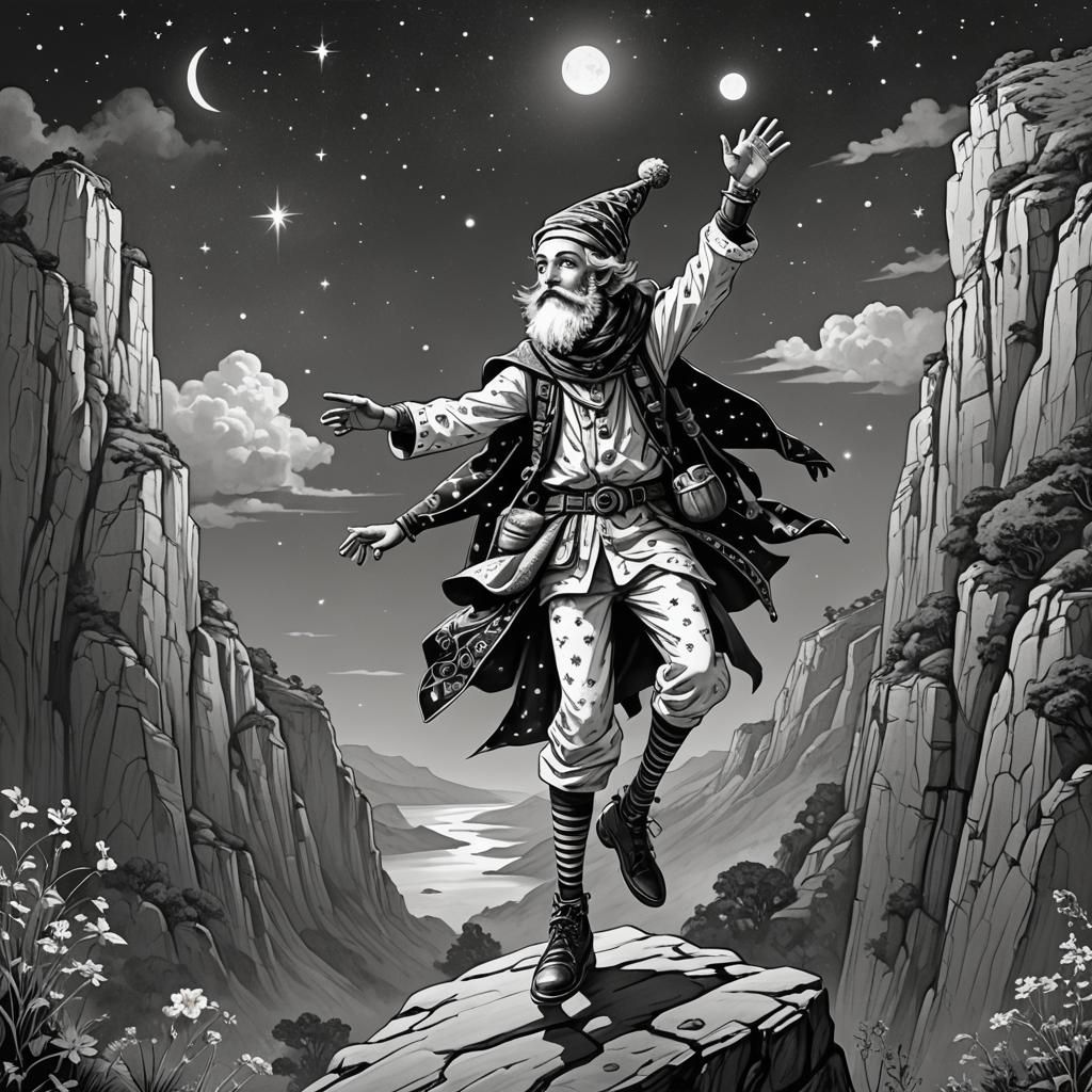 The Fool's Adventure: A Black and White Illustration
