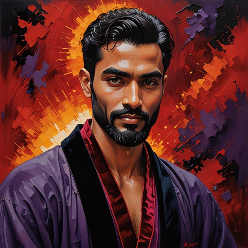 Joyful Bearded Boy in Velvet Robe
