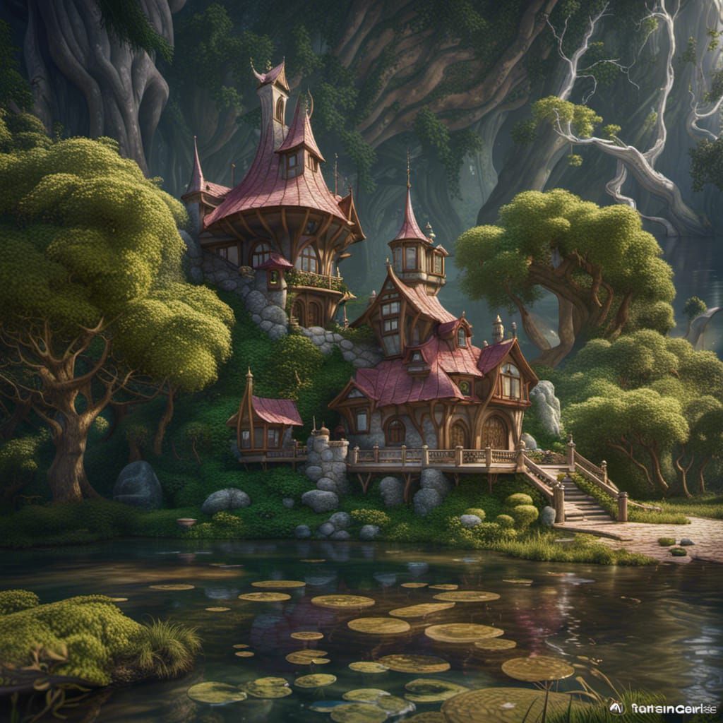Fairytale House by Lake: Detailed Matte Painting