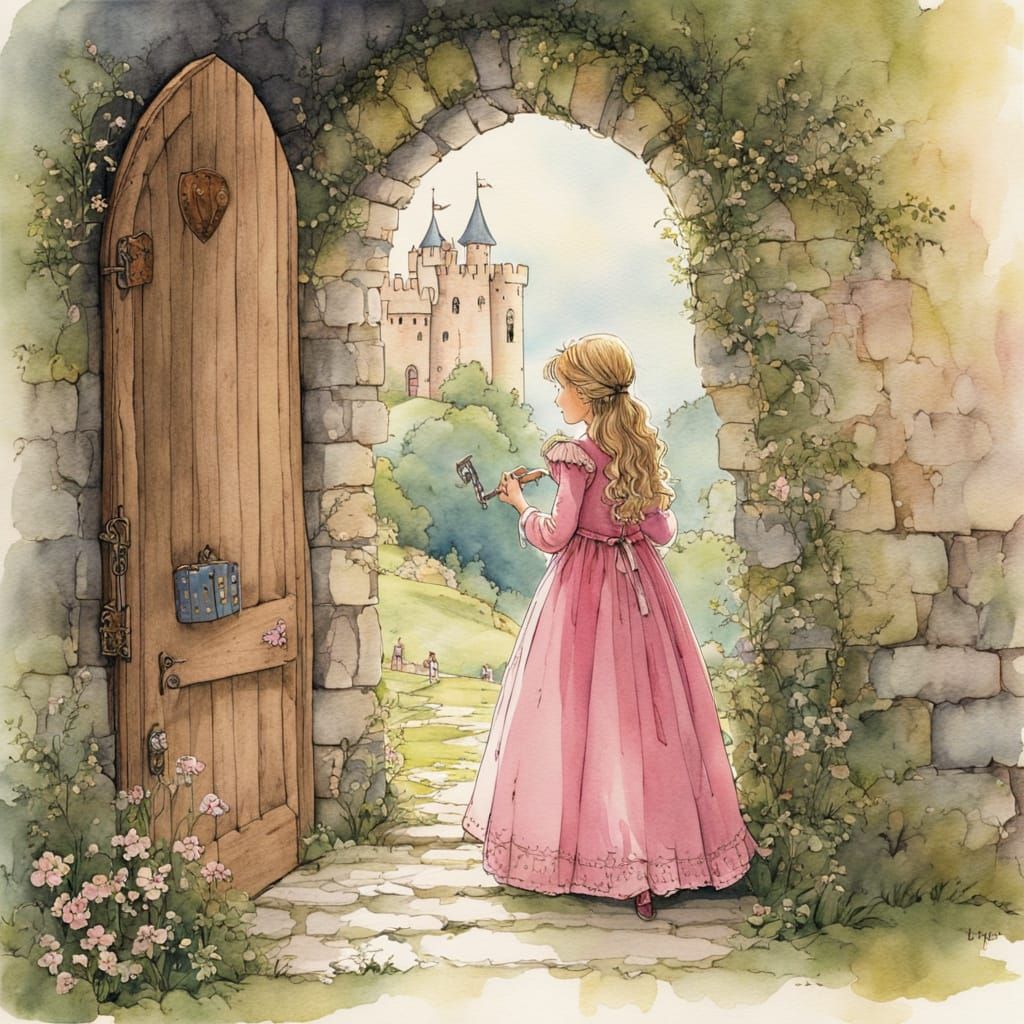 Medieval Maiden in Castle Corridor Storybook Illustration