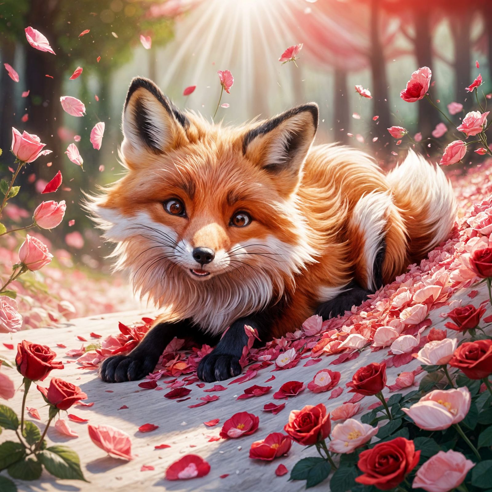 Cartoon Fox Smiles in Rose Petals