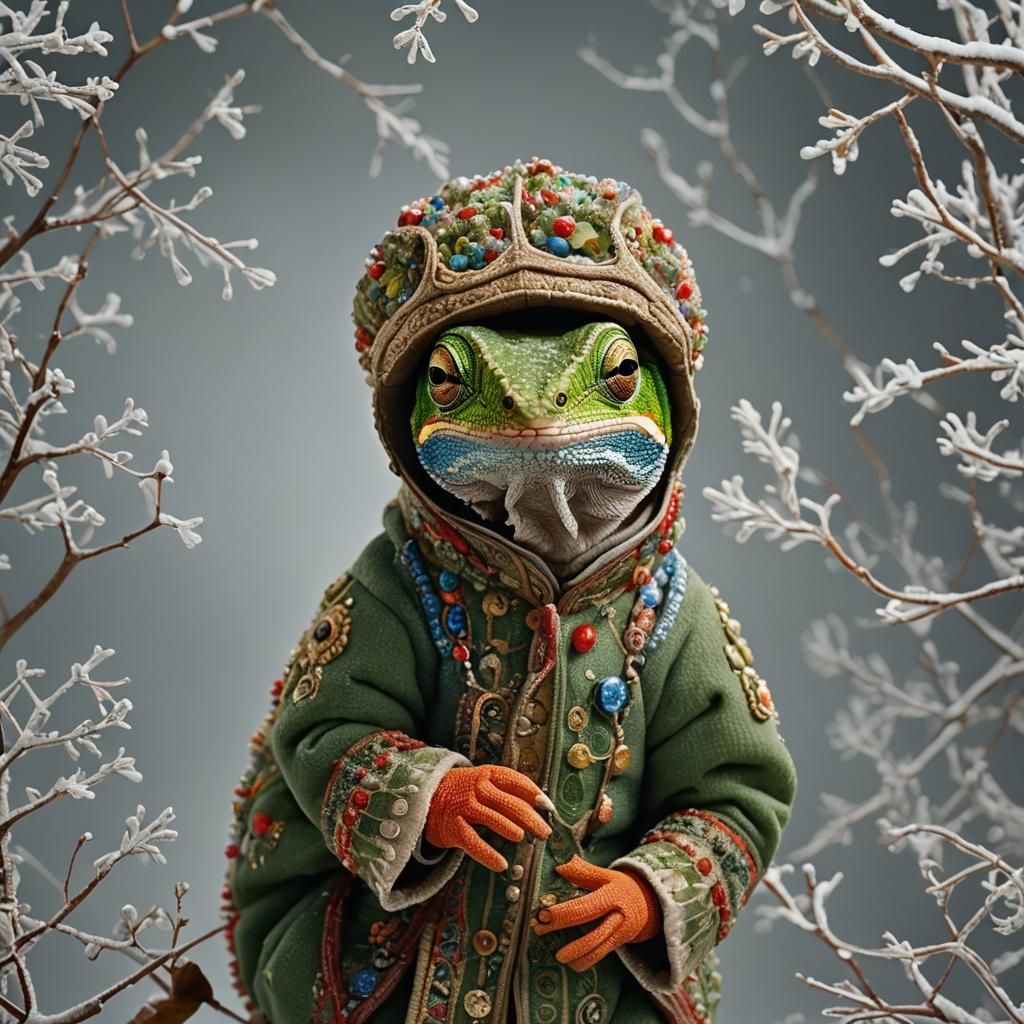 Chameleon in Russian Winter Outfit: Professional Photography