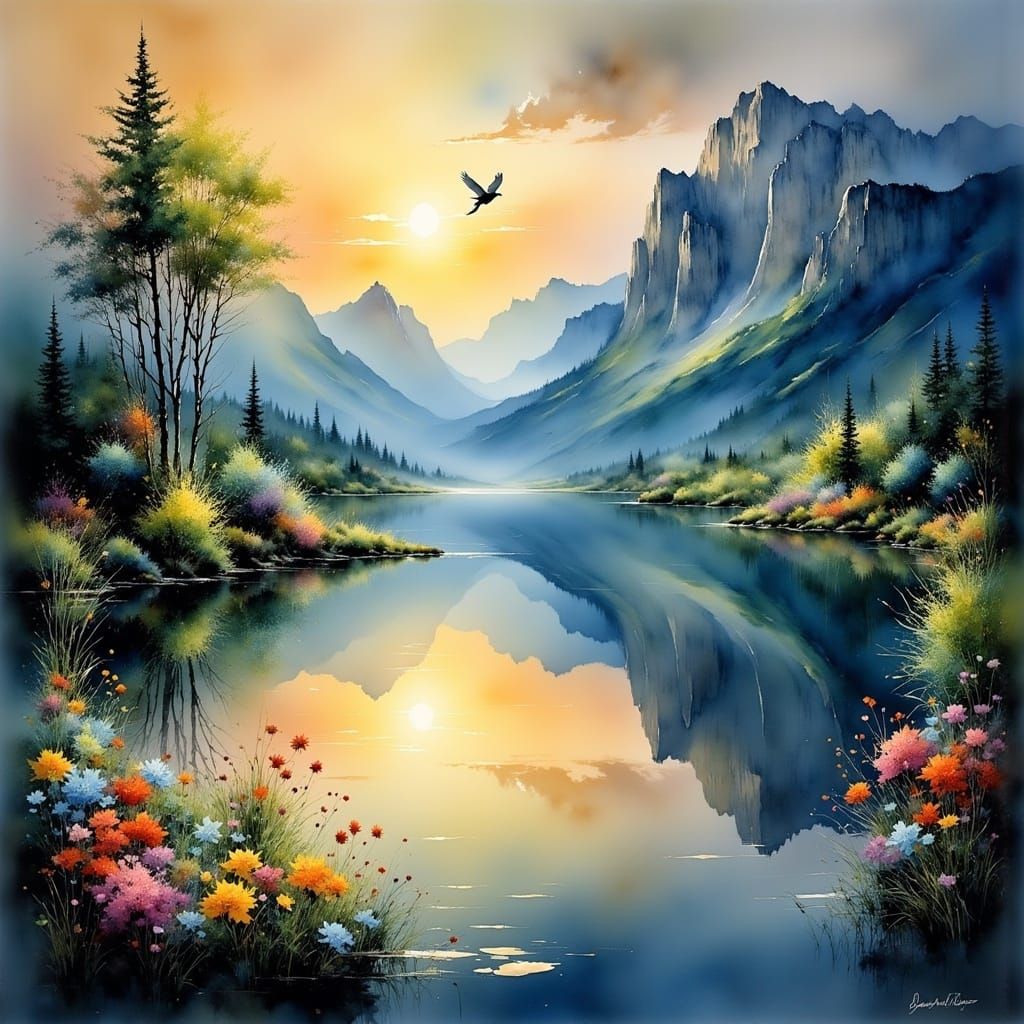 Serene Lake Sunset Oil Painting with Mystical Creature