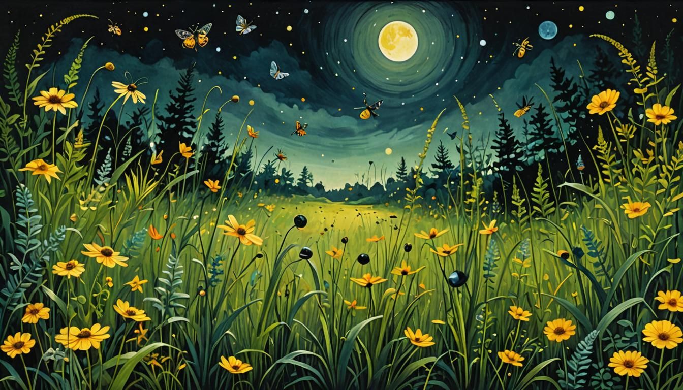 Moonlit Field Whimsical Illustration in Gouache and Ink