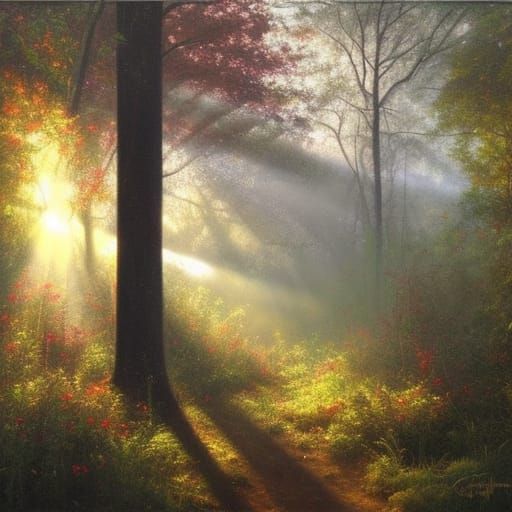 Sunlit Forest Cottage: Oil Painting by James Gurney