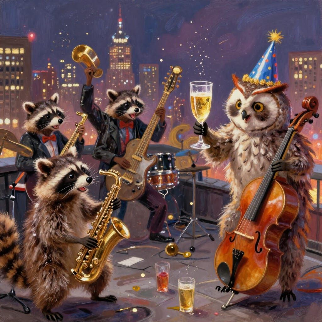 Raccoon New Year's Eve Party Over Metropolis