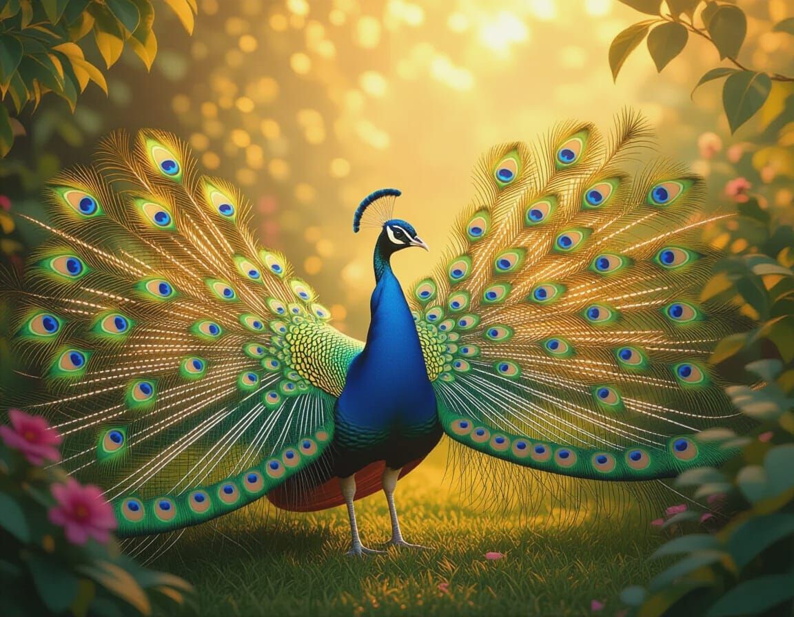 Majestic Peacock Wings Spread in Surreal Garden