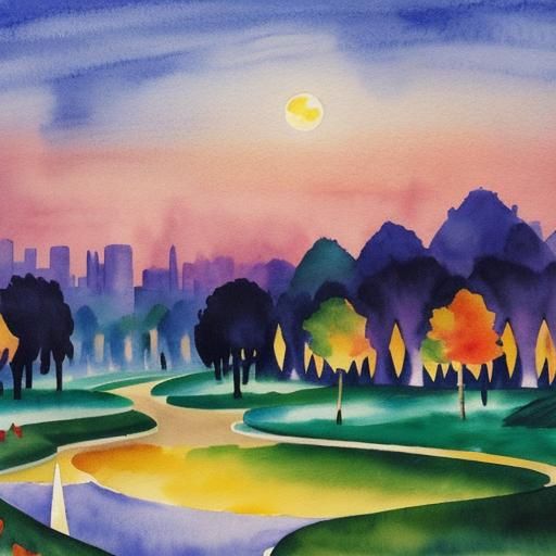 Moonlit City Park in Watercolour Style