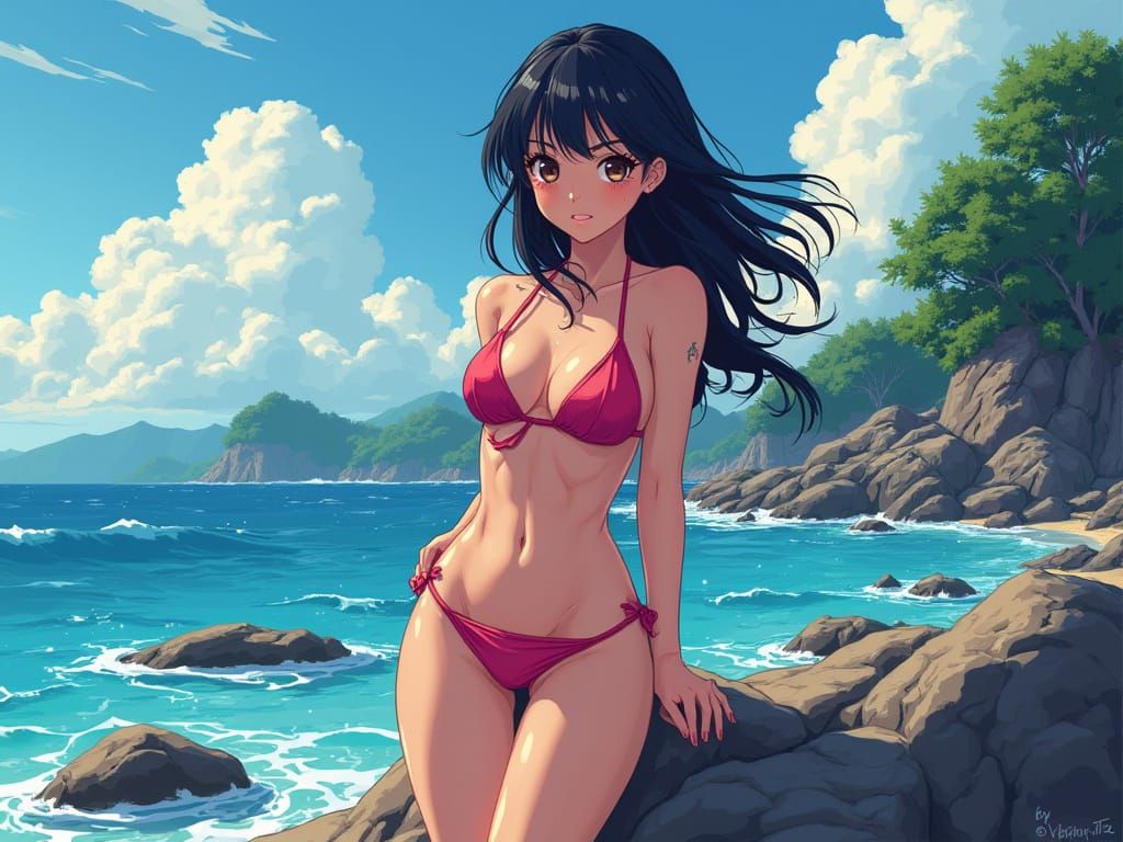Woman in Bikini on Coast in Studio Trigger Style