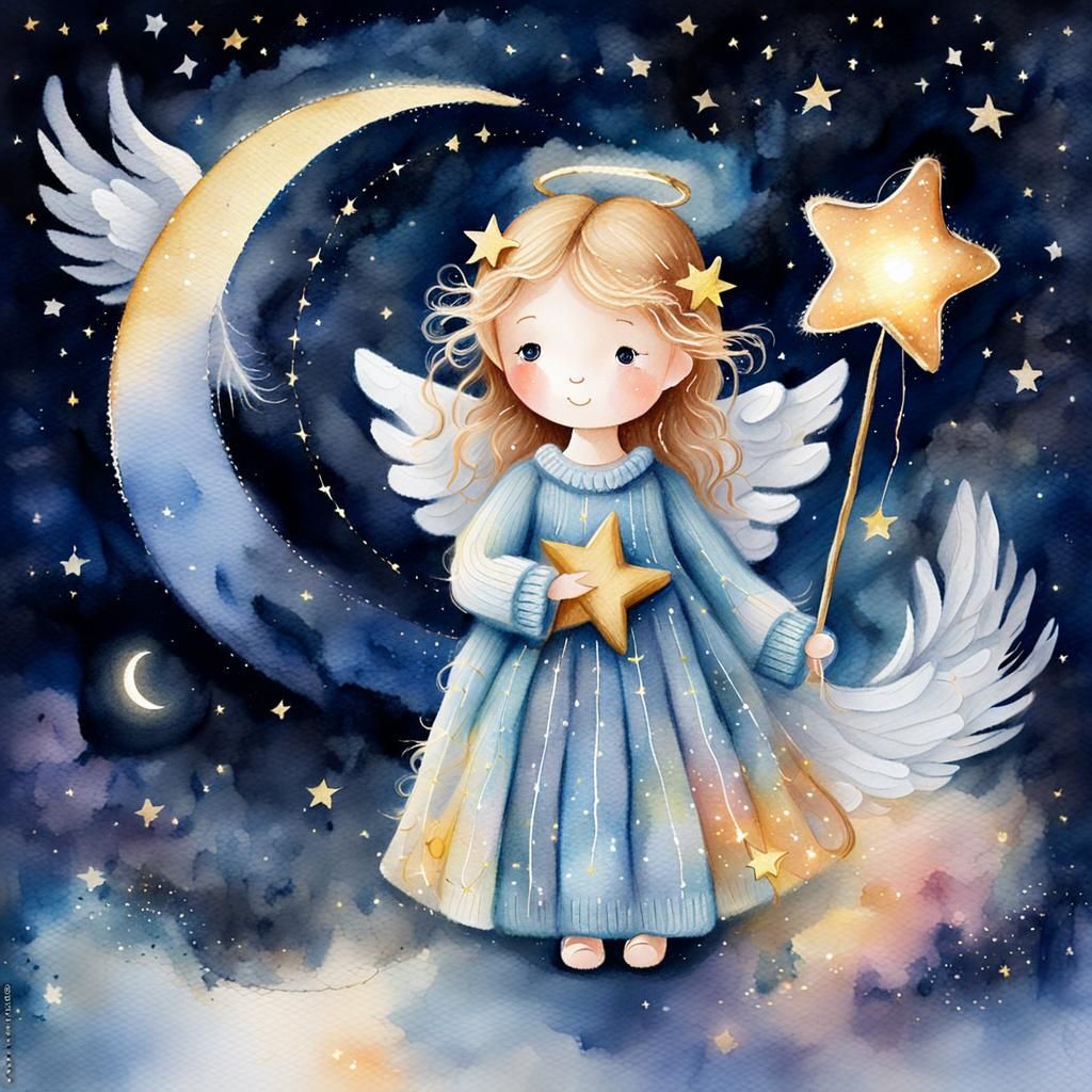 Enchanting Angel in Moonlit Night, in Whimsical Watercolor S...