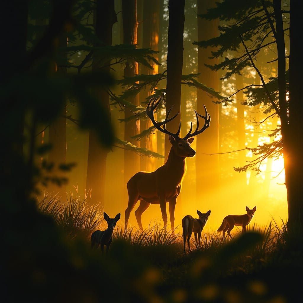 Majestic Woodland Creatures Silhouetted in Warm Golden Light