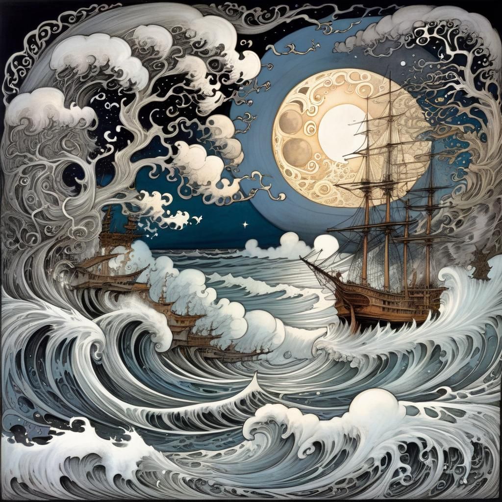 Exploding Moon Over Stormy Sea: Intricate Woodcut