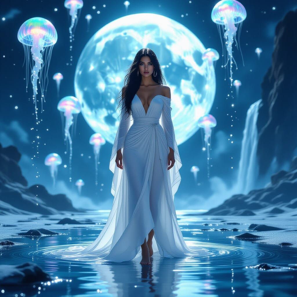 Celestial Goddess on Melting Planet in Hyper-Realistic Style