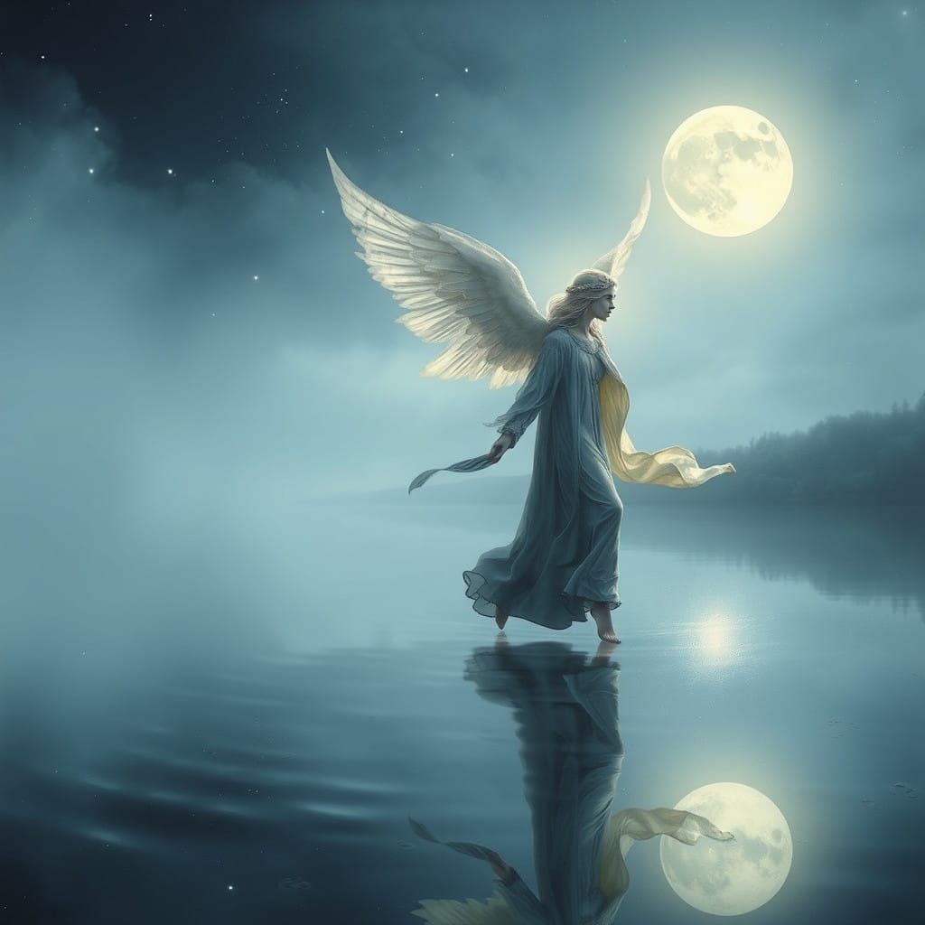 Angel Walks Serenely on Moonlit Lake in Dreamy, Surreal Styl...