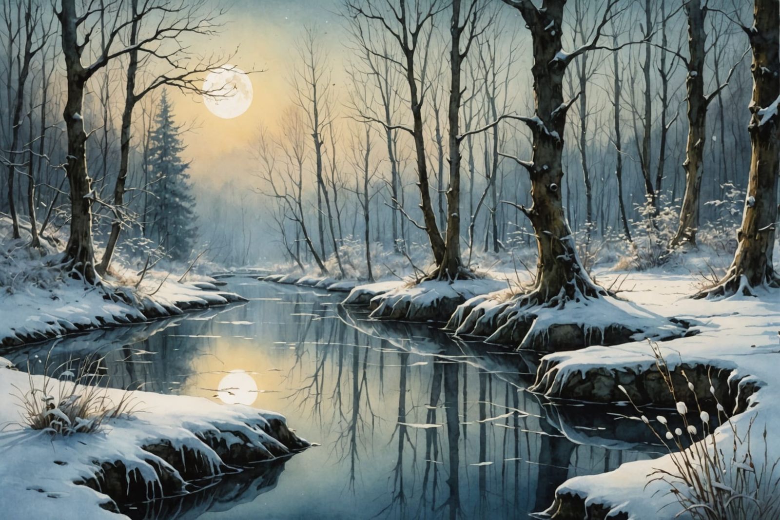 Iced River in Snowy Forest: Watercolor and Ink