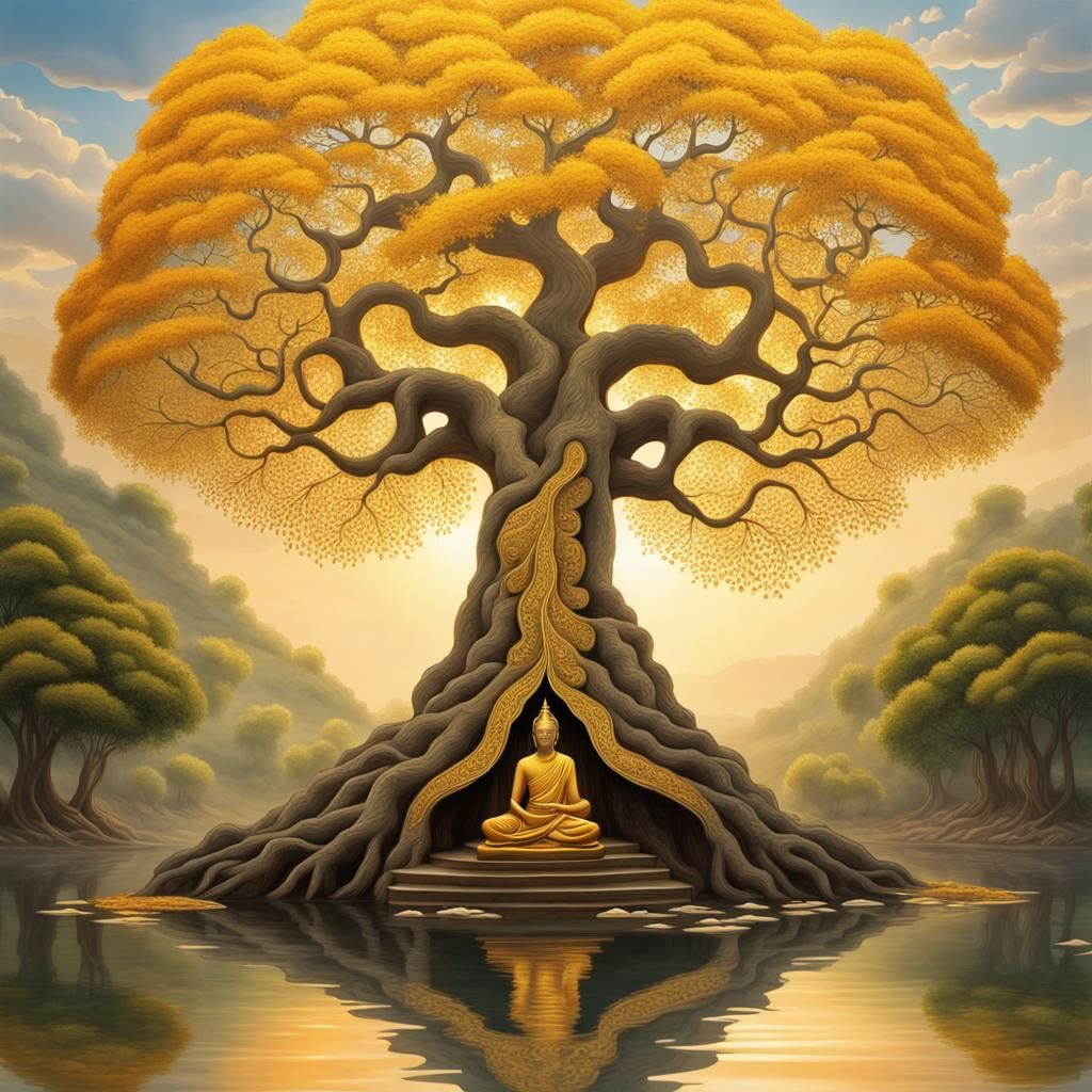 Golden Bodhi Tree with Thai Pattern Leaves