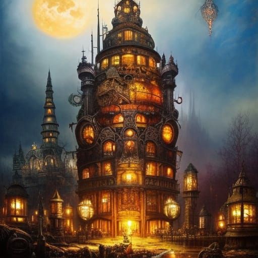 Detailed Steampunk City with Ochre Accents