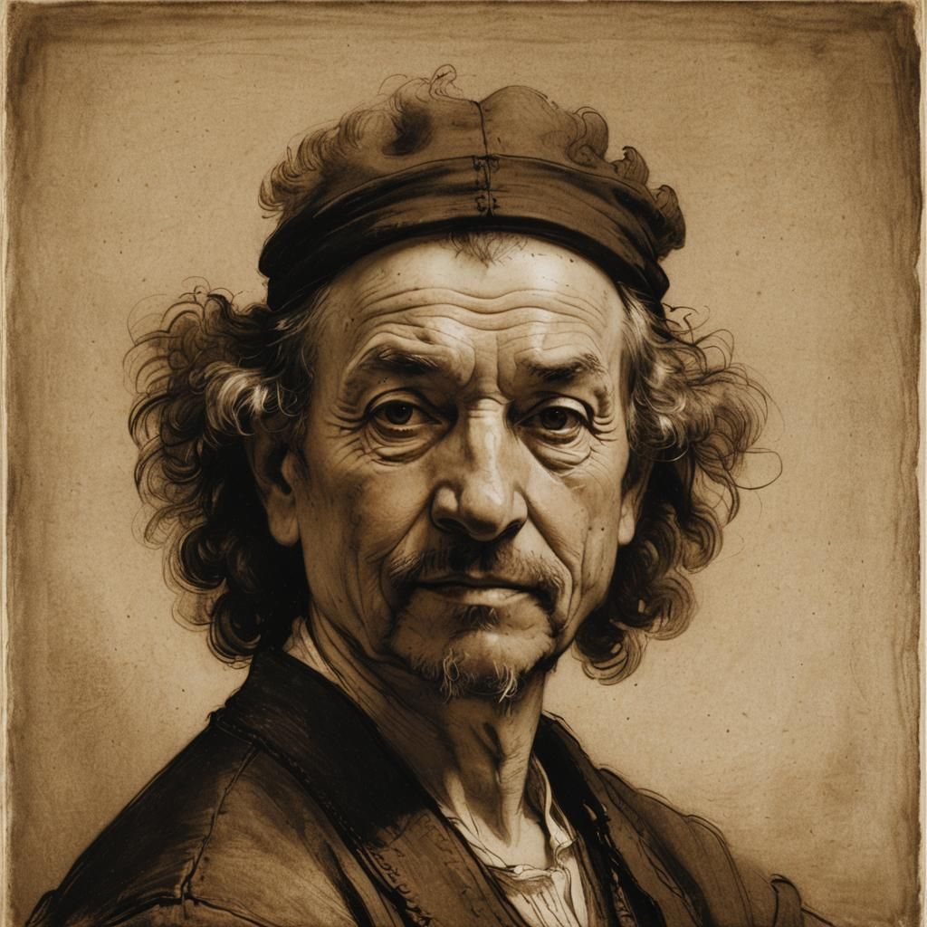 Rembrandt's self-portrait from 1660, where the artist is depicted in his mature age with an expression of deep contempla...