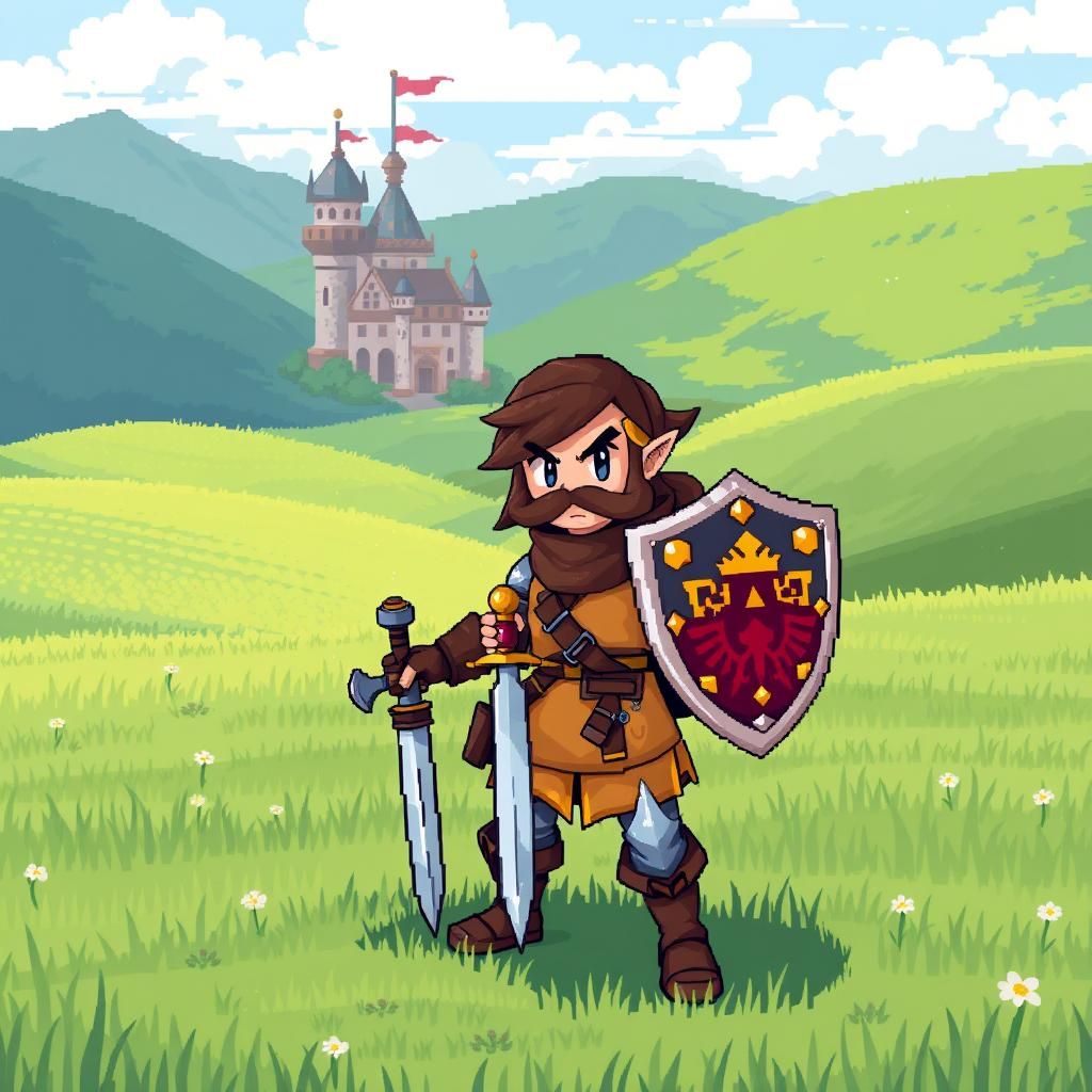 Pixel Art Swordsman in Grassy Meadow