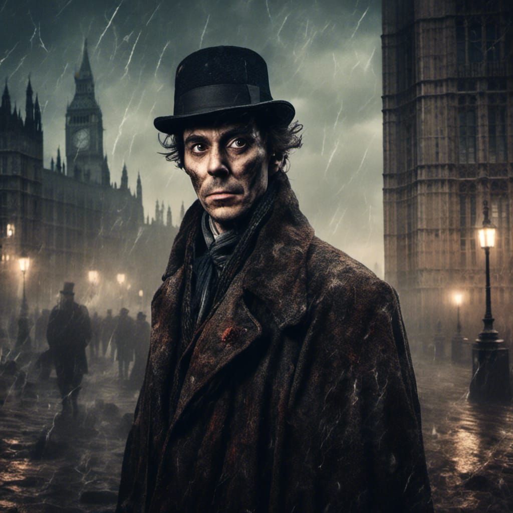 Sherlock Holmes Portrait Near Big Ben in Macabre Style