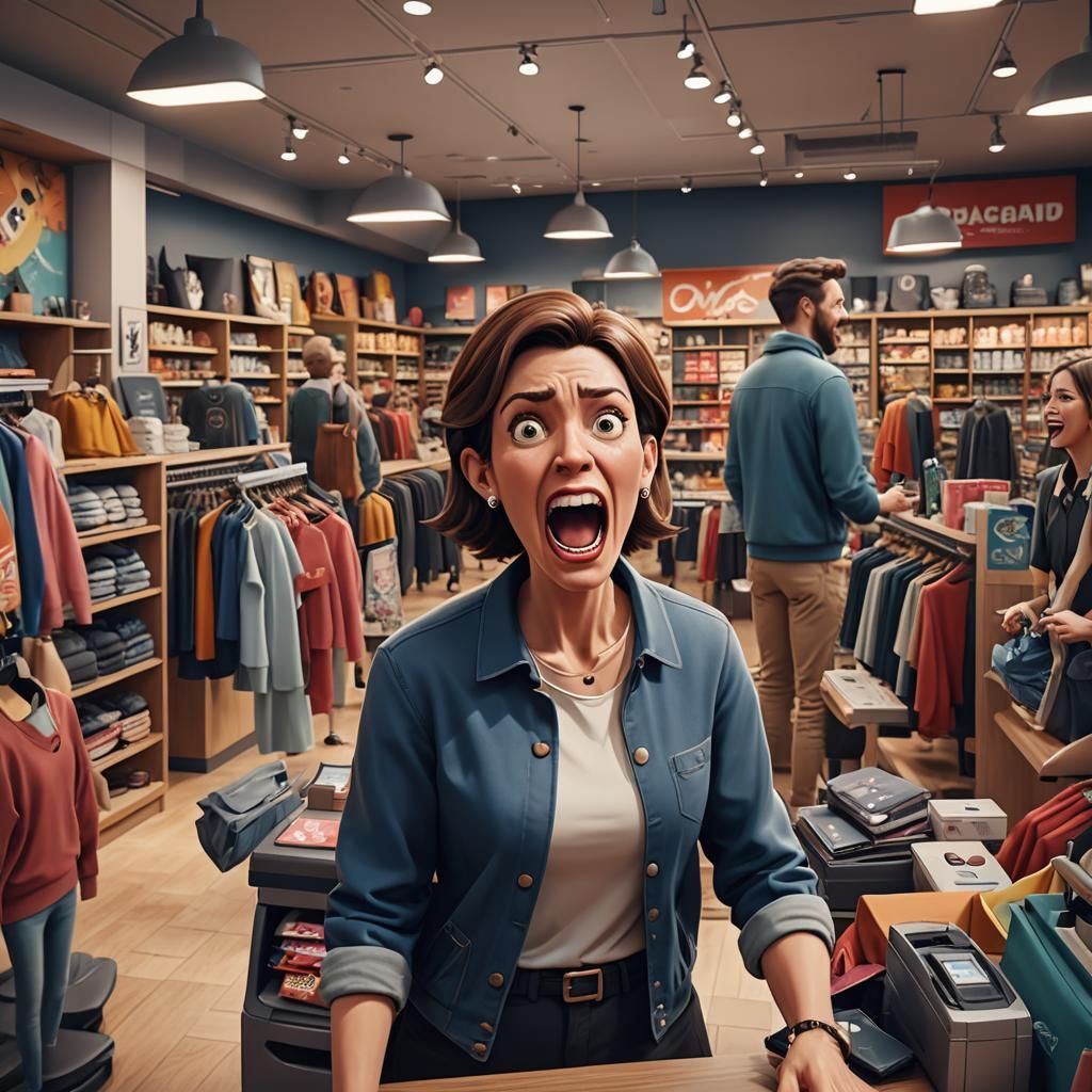 Cartoon Customer Shouting at Cashier in Store