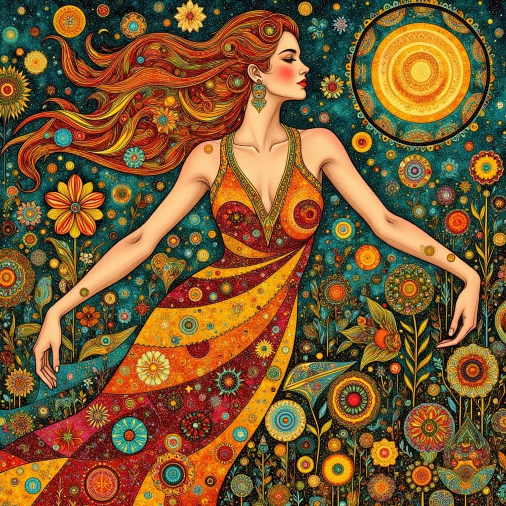 Ocean Goddess in Klimt Style with Gold, Teal, Crimson Hues