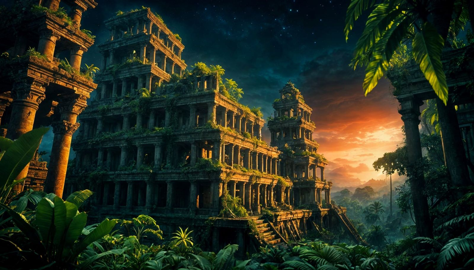 Jungle City Ruins at Night: Photorealistic Epic