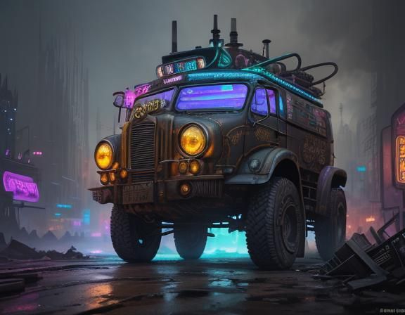 Steampunk Van in Neon Chalk Cityscape