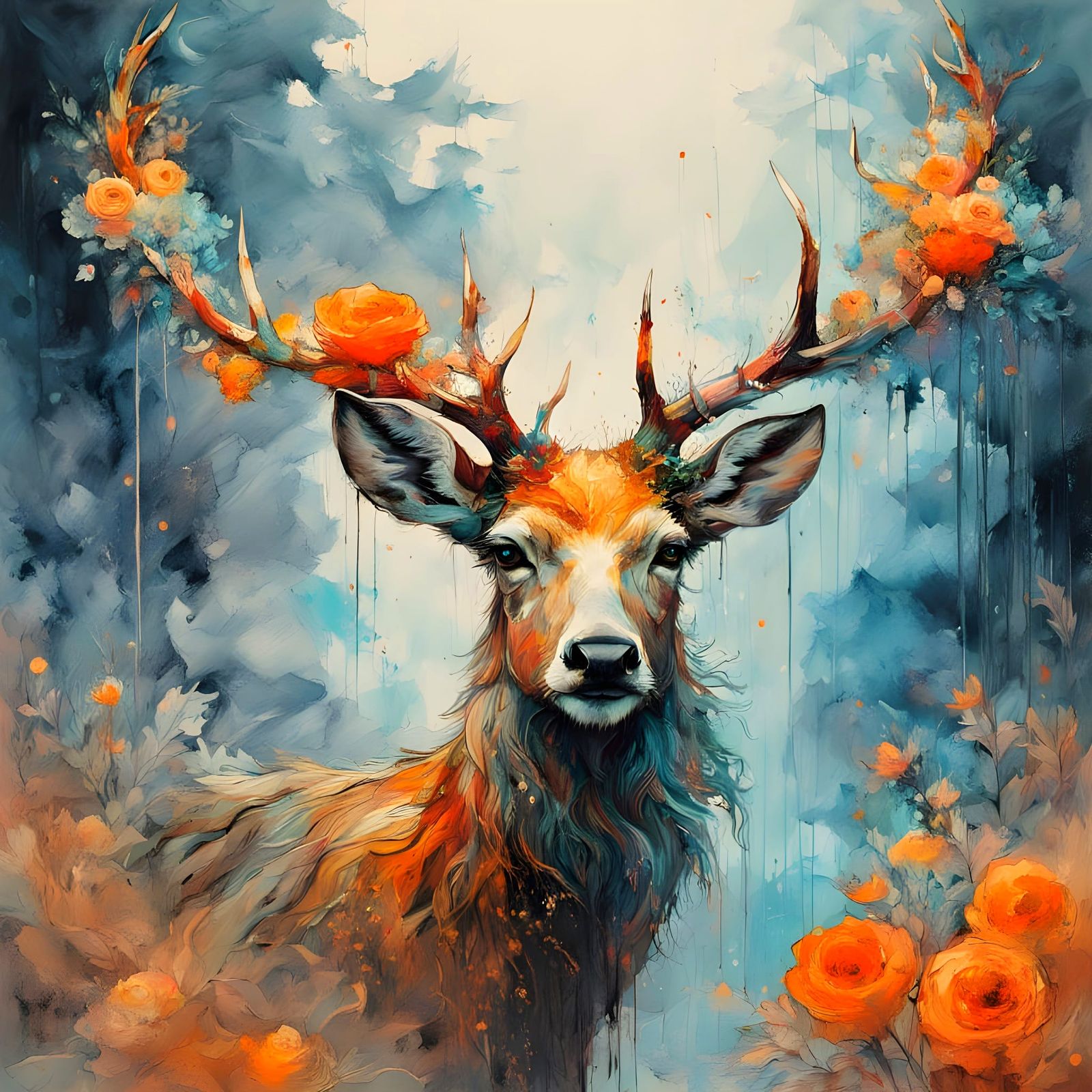 Majestic Deer in Mountains: Detailed Oil Painting