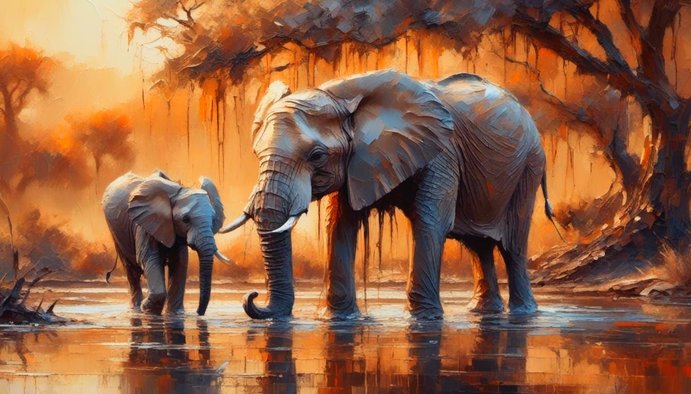 African Elephant mum and calf at the waterhole at Golden hou...