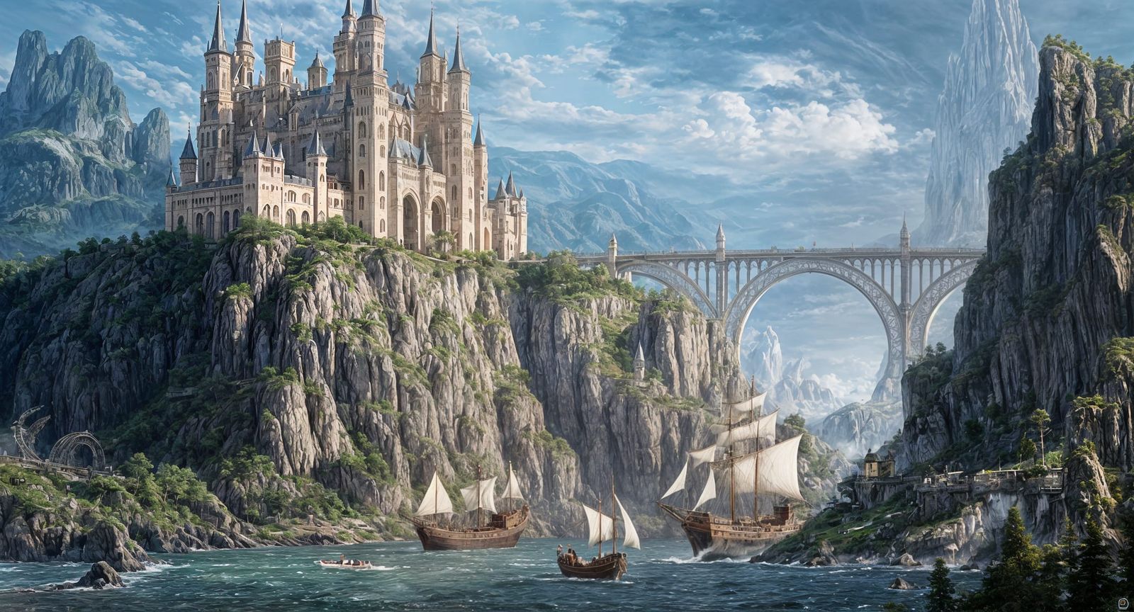 Fantasy Castle on Cliff with Circular Bridge